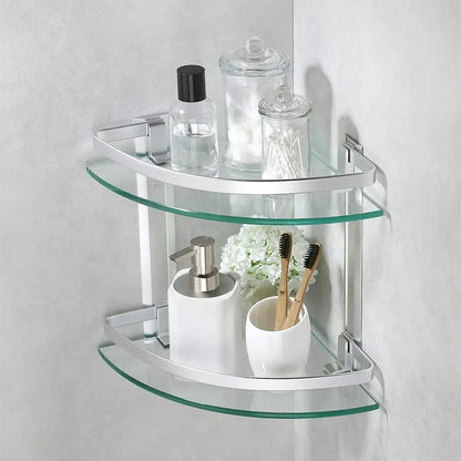TWO LAYER ALUMINIUM GLASS CORNER BATHROOM SHELF