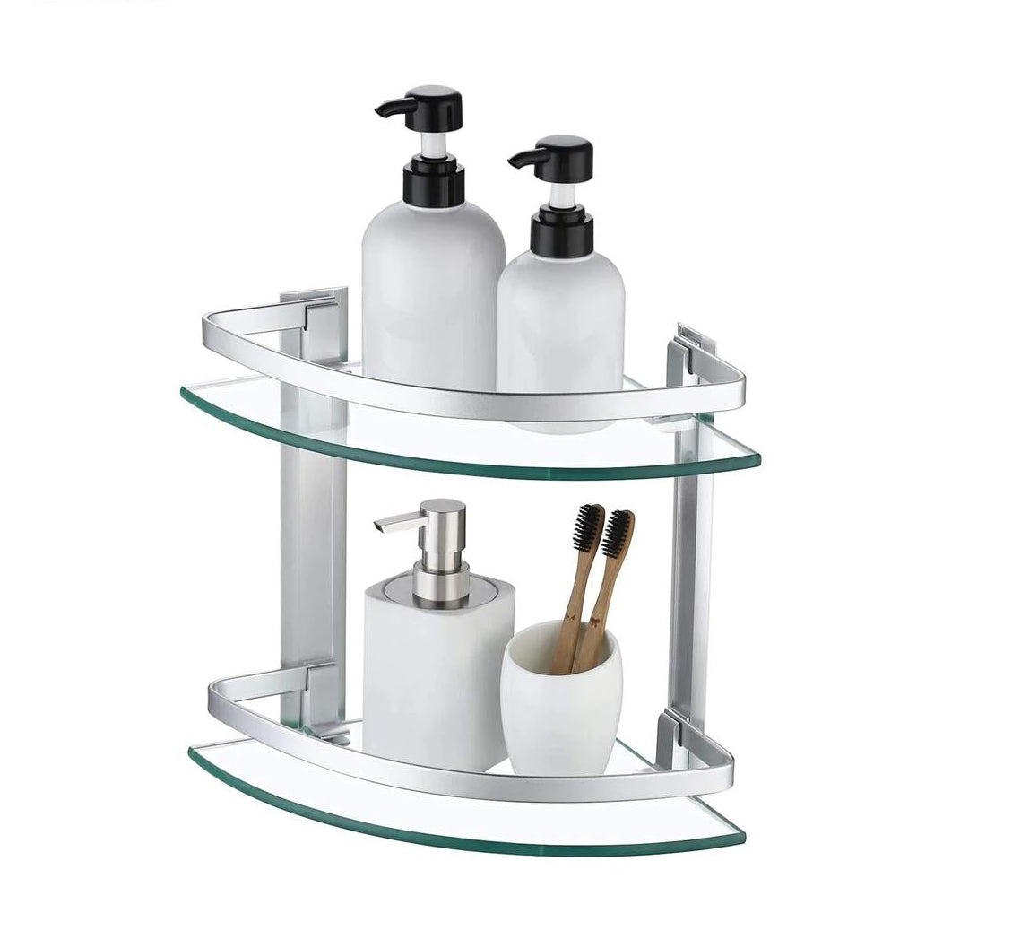 TWO LAYER ALUMINIUM GLASS CORNER BATHROOM SHELF