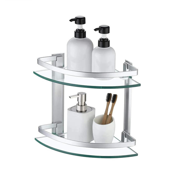 TWO LAYER ALUMINIUM GLASS CORNER BATHROOM SHELF